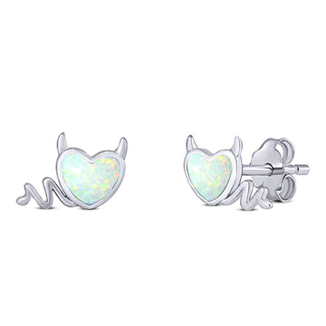 Heart Devil Stud Earring Created White Opal Solid 925 Sterling Silver (9.5mm)